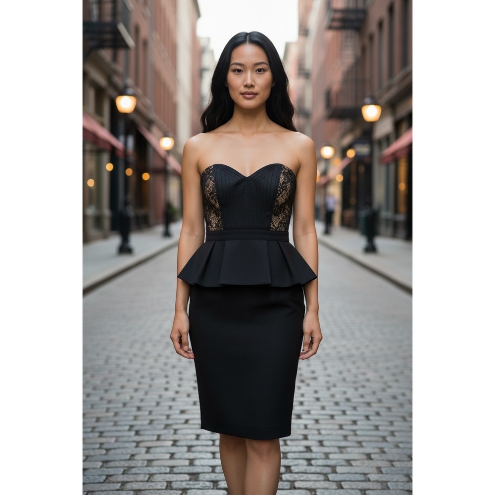 BCBGMAXAZRIA Moselle Black Strapless Peplum Lace Cocktail Dress  Size 0 Mini